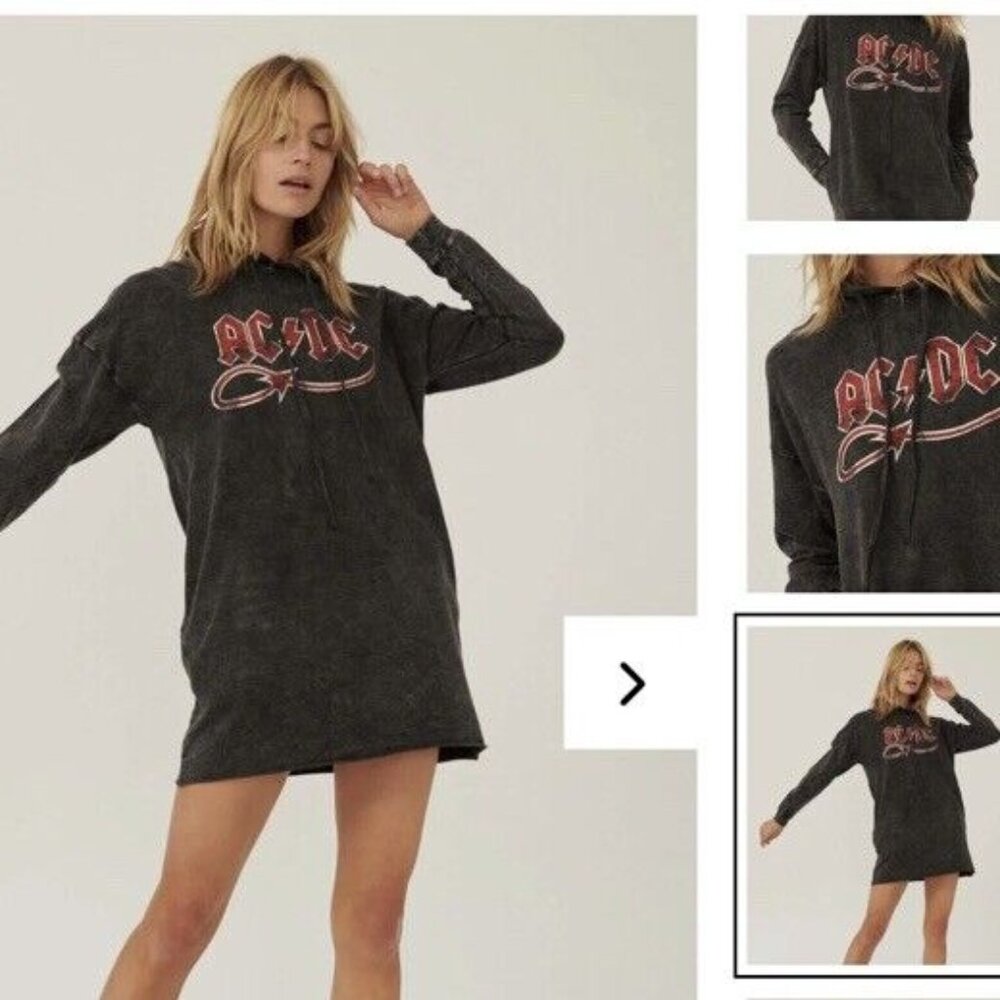 AC/DC Devil Tail Graphic Hoodie Dress Vintage‎ Style Long Drop Shoulder Slev